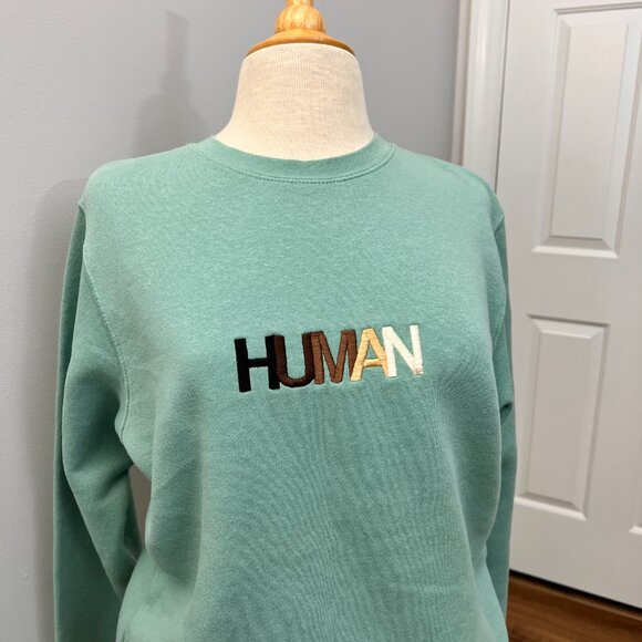 Wear the Peace ‘HUMAN’ Crewneck Aqua Sweatshirt Size M - Picture 2 of 11